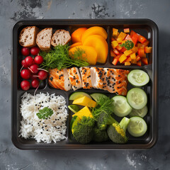 Healthy gourmet meal with grilled salmon, wild rice, mixed vegetables, fresh greens, and seasonal fruit served on a dark plate — ideal for nutrition, clean eating, meal prep, or restaurant menu concep