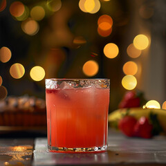 Iced red drink in a clear glass, glowing holiday lights in the background evoke a festive and warm ambiance