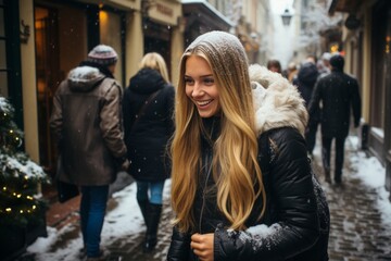 Fototapeta na wymiar Portrait of a beautiful young blonde woman with long hair in a winter city