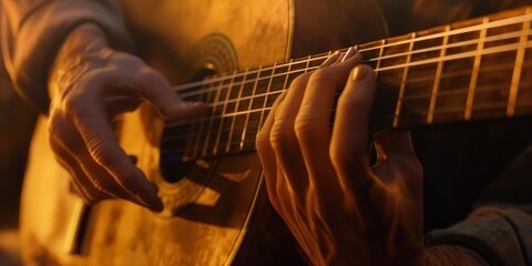 Intimate close-up of skilled hands plucking and strumming the strings of a wooden guitar - obrazy, fototapety, plakaty