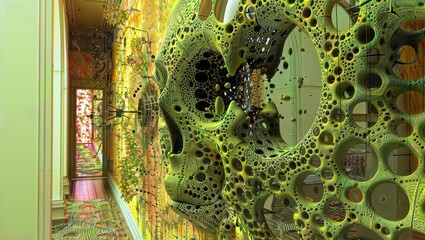 Fototapeta premium A vibrant, organic interior landscape filled with intricate, biomorphic patterns and textures, evoking a dreamlike, otherworldly ambiance. 