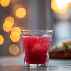 Iced red drink in a clear glass, glowing holiday lights in the background evoke a festive and warm ambiance