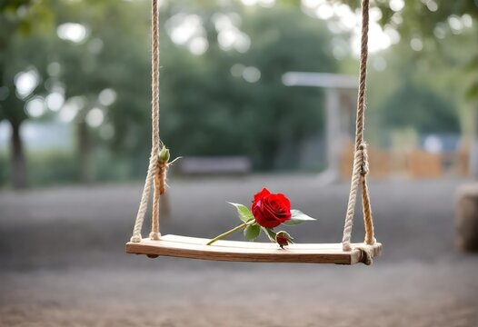 A wooden swing with ropes and a red rose on it, with a blurred background showing two people sitting close together