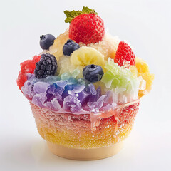 A cup of rainbow shaved ice, on a plain white studio background,