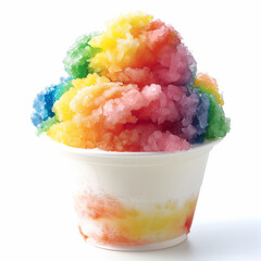 A cup of rainbow shaved ice, on a plain white studio background,