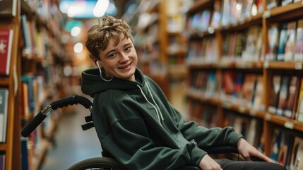 Naklejka premium Smiling Woman in Wheelchair at Library