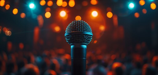 A microphone in the business, conference or concert hall. Bokeh effect