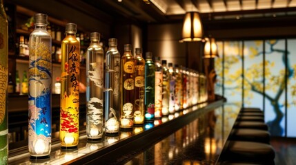 The bar area is lined with sleek modern stools and features a unique display of decorative sake bottles each one with a different handpainted design. .
