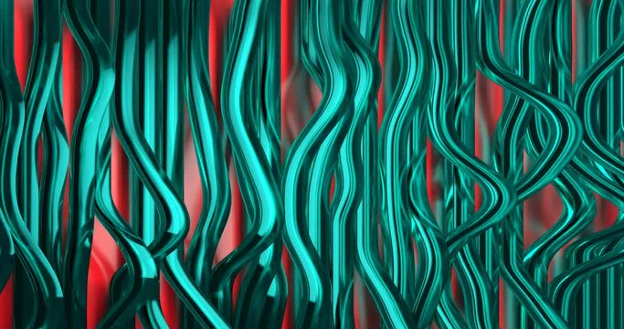 Long green glass shiny ribbon lines wriggle like waves on a red background, abstract colored background with stripes, loop animation, 3d rendering