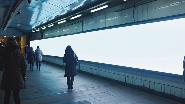 People looking Blank billboard in the city building shot in subway station Useful for your advertising Selective Focus : Generative AI