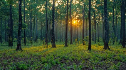 Obraz premium Sun Shining Through Trees in Forest
