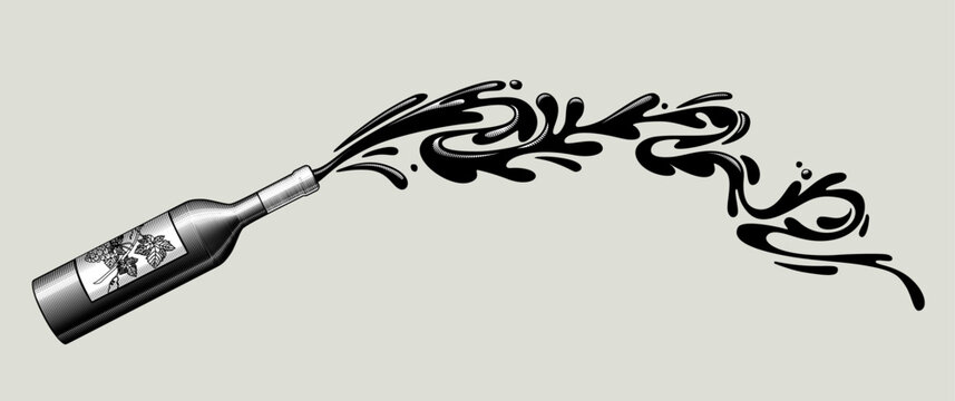 A bottle mid air with a long stream of wine splashing out of it. Black and white drawing in vintage engraving style. Vector illustration