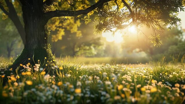 Serene Sunrise Peeking Through a Tree Over a Meadow of Wildflowers, Illustrating the Concept of Peaceful Beginnings.