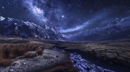 Fotobehang Amazing fantasy landscape with Milky Way nighttime © UmaDreamStudio