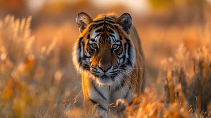 Majestic Tiger Prowling in the Wild with Intent Gaze - obrazy, fototapety, plakaty
