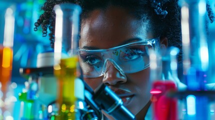 Against a backdrop of colorful test tubes and beakers a scientist peers through a microscope with intense concentration searching for answers to her latest scientific inquiry. .