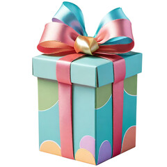 Brightly colored gift box with a bow and ribbon