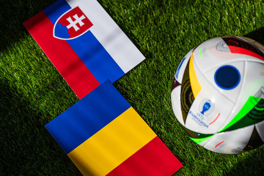 Slovakia vs Romania, Euro 2024 Group E football match at Waldstadion, Frankfurt, 26 June 2024, official ball on green grass