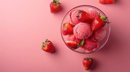 Strawberry Sorbet Bright strawberry sorbet in a clear glass dish, placed on a vibrant pink background that pops, creating a fresh and fruity theme with a clean space for textThe scene is expertly capt - obrazy, fototapety, plakaty