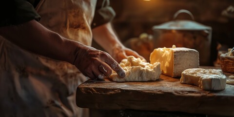 An artisanal cheesemaker prepares fresh cheese on a wooden board, emphasizing traditional techniques