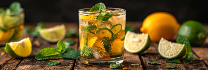 Mojito Drink with Lime Lemon and Mint on Wood,
Lemonade with ice and lemon slices on wooden table on natural background, Quench your thirst with a revitalizing lemon ice refresher, a perfect summer  - obrazy, fototapety, plakaty