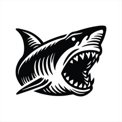 Vector silhouettes of various sharks in black and white