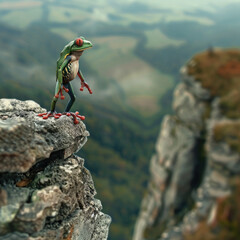 An adventurer frog in human form standing at the edge of a cliff