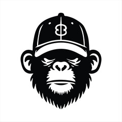 Monkey head or face hand drawn vector illustration in engraving style ink sketch.