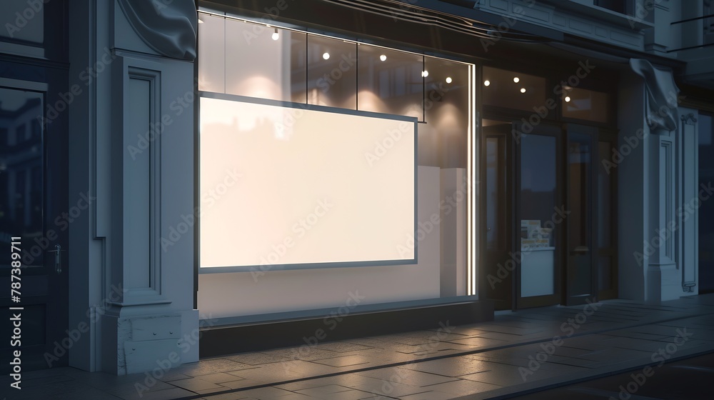 Aufkleber large blank banner in a shop window at night mock up 3d render : generative ai