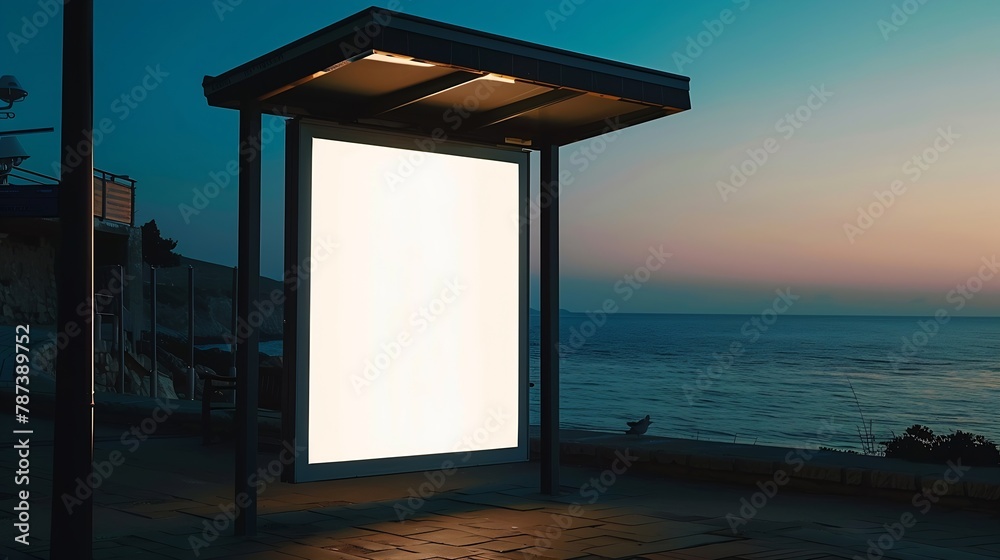 Poster blank advertisement in a bus stop next to the sea : generative ai