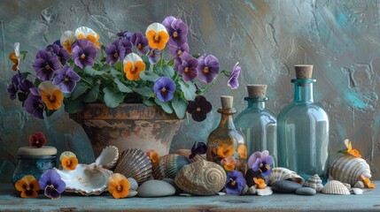 Pansies in a Potted Arrangement with Seashells Pebbles and Glass Bottles A Vibrant Still Life of Seasonal Blooms by the Shore - obrazy, fototapety, plakaty
