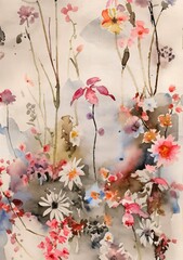 Watercolor Floral Composition with Delicate Blossoms and Foliage
