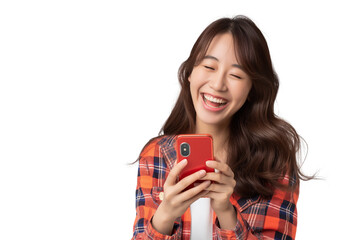 Beautiful young woman smiling while using mobile phone isolated on transparent background, PNG, cut out