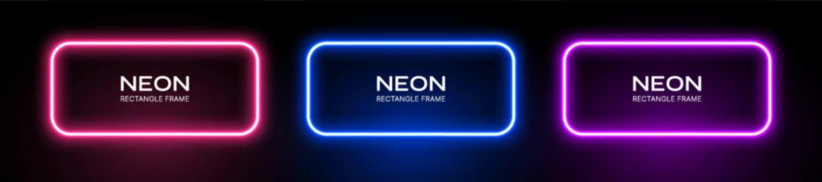 Neon light rectangle frame. Glow border. Banner shape with laser effect in pink, blue and purple colors. Vector set of led fluorescent templates.