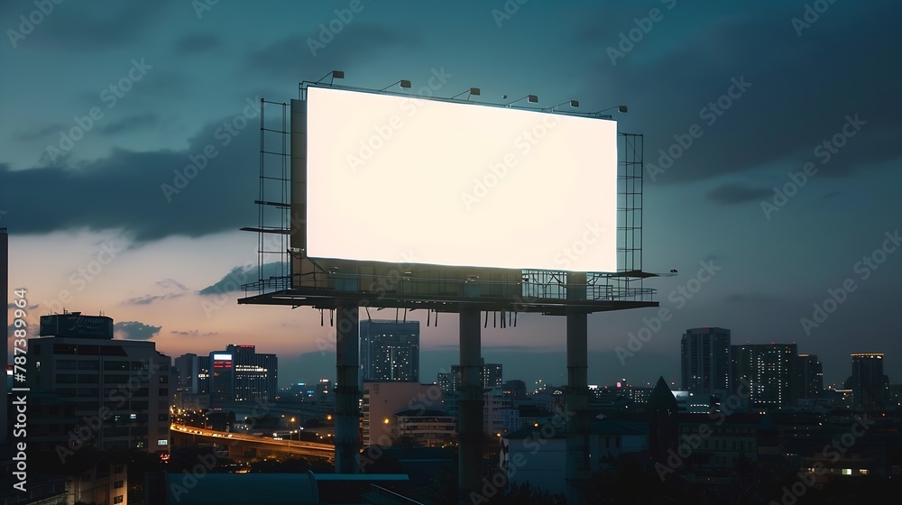 Poster Blank white billboard on cityscape background at evening front view Mock up advertising concept : Generative AI