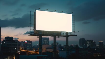 Blank white billboard on cityscape background at evening front view Mock up advertising concept : Generative AI