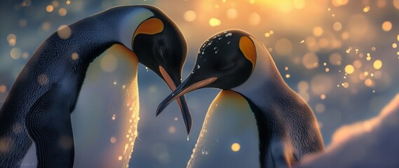 Two emperor penguins are shown in a tender, intimate moment, evoking feelings of love and companionship
