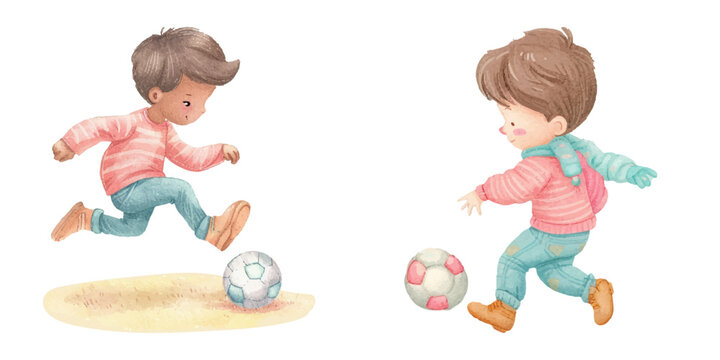 cute kid play soccer football watercolor vector illustration