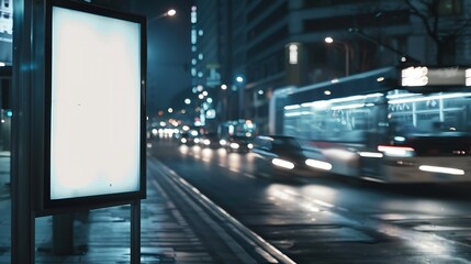 White bus stop billboard poster in a station with cars in moving in the background Front view mockup concept blank poster city traffic : Generative AI