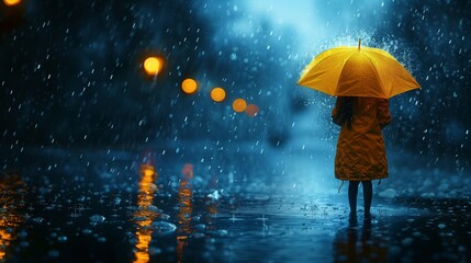 A woman shields herself from the drizzle with a yellow umbrella in the rain