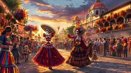 Vibrant Dia de Los Muertos Parade in a Bustling Town Square with Costumed Participants and Paper Mach Puppets