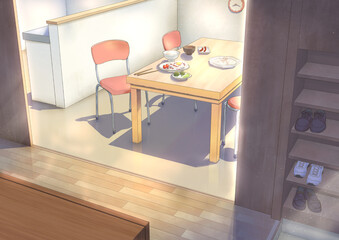 「朝食風景、ダイニングから玄関へ」_キャラ猫無_BG主線有