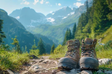 Zelfklevend Fotobehang hiking shoes or boots in the mountains, high alps, beautiful summer landscape © Echelon IMG