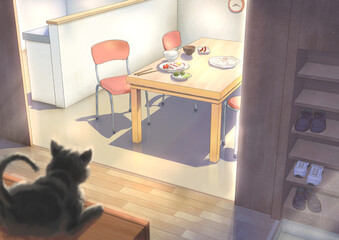 「朝食風景、ダイニングから玄関へ」_キャラ無_BG主線有