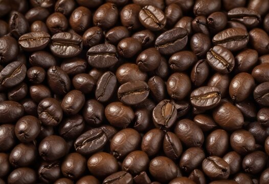 Close-up of multiple roasted coffee beans filling the frame