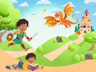 Obraz na płótnie Canvas World book day Boy reading imagin dream fantasy story dragon adventure happy background design