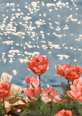 Watercolor Painting of Red Poppies with sunny  reflective water

