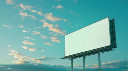 Blank white billboard on blue sky background at evening perspective view Mockup advertising concept : Generative AI