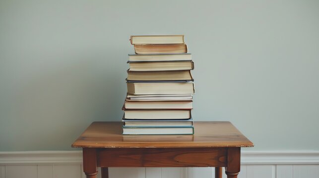 Stack of assorted books on wooden table against plain background