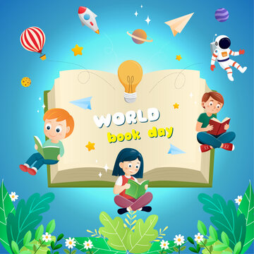 World book day childrens kids reading concentrate knowleadge imagination around nature cartoon illustration background design